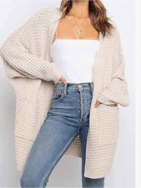 Women's Autumn Loose Elegant Waffle Knitted Beige Open Cardigan Sweater